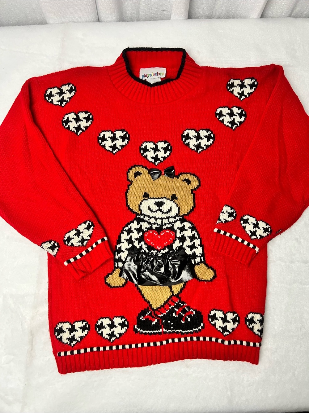 Vintage 90s Playclothes Teddy Bear Sweater Red Houndstooth Hearts Girls 10/12
